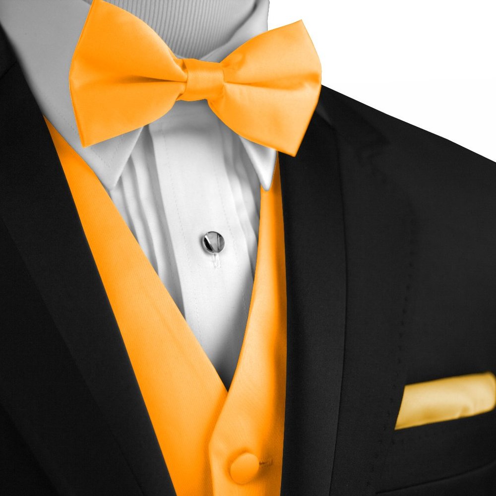 Men's Formal Wedding Prom Homecoming Tuxedo Vest Bow-Tie Hankie - Gold Satin